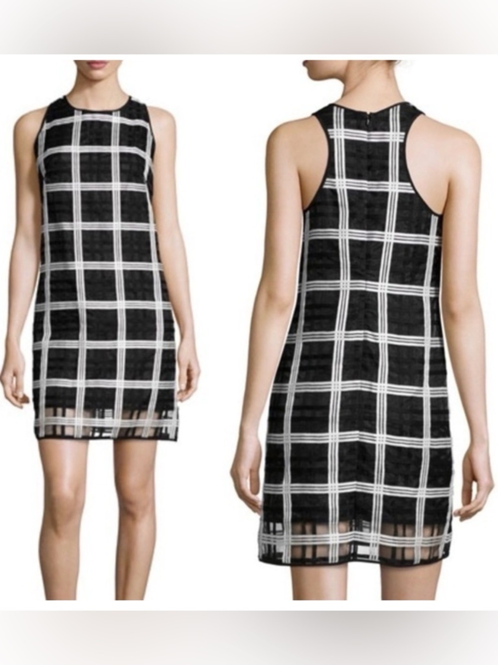 MILLY Black & White Window Pane Grid Overlay Shift Dress